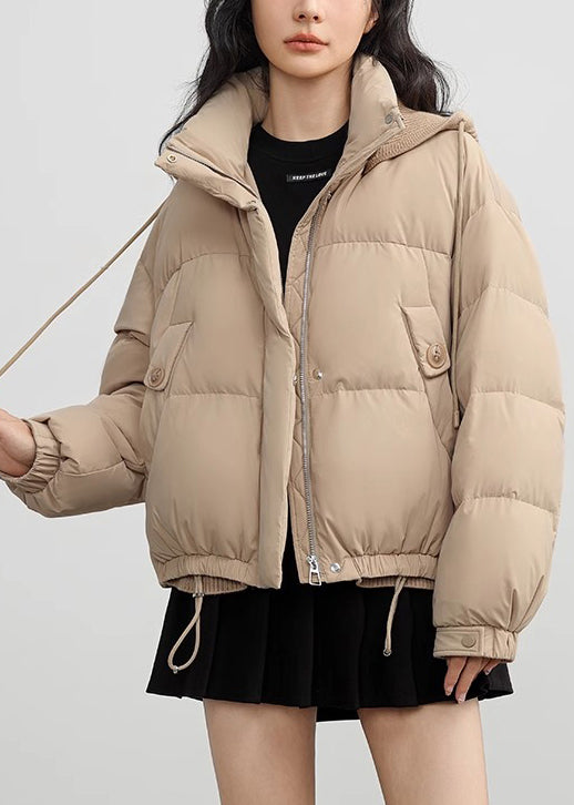 Casual Khaki Button Pockets Drawstring Duck Down Puffer Coat