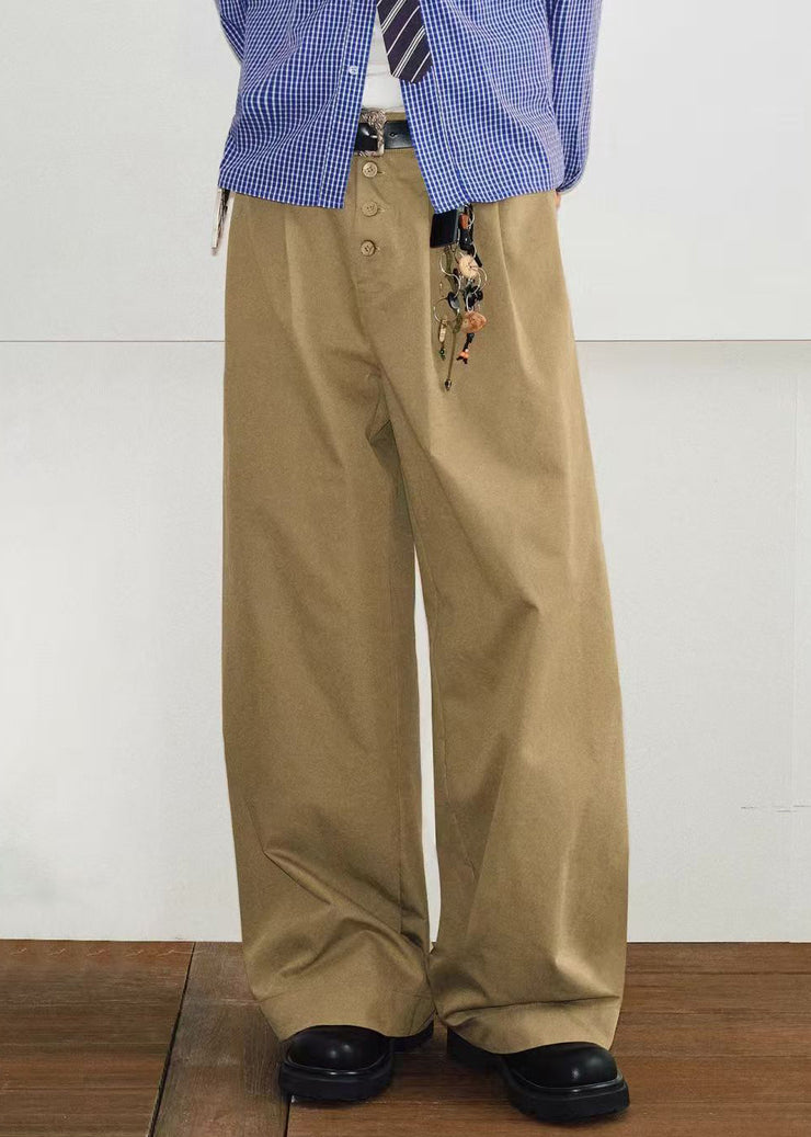Casual Khaki Button Pockets High Waist Cotton Mens Pants Spring