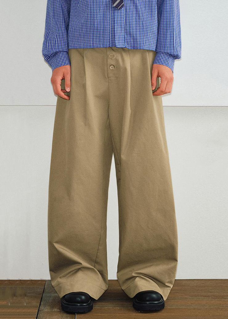 Casual Khaki Button Pockets High Waist Cotton Mens Pants Spring