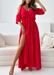 Casual Khaki Cold Shoulder Side Open Chiffon Holiday Dress Summer
