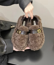 Casual Khaki Fuzzy Fur Fluffy Splicing Platform Flat Shoes