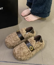 Casual Khaki Fuzzy Fur Fluffy Splicing Platform Flat Shoes