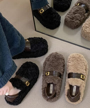 Casual Khaki Fuzzy Fur Fluffy Splicing Platform Flat Shoes