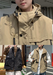 Casual Khaki Hooded Pockets Cotton Men Waistcoat Spring