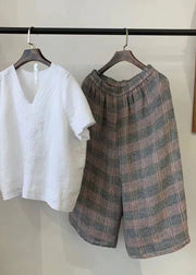 Casual Khaki Oversized Plaid Linen Harem Pants Summer