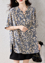 Casual Khaki Oversized Print Cotton Blouses Summer
