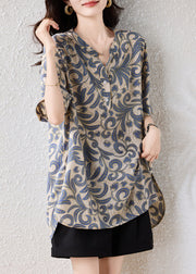 Casual Khaki Oversized Print Cotton Blouses Summer
