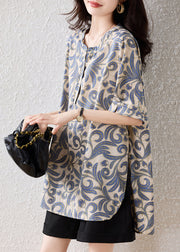 Casual Khaki Oversized Print Cotton Blouses Summer