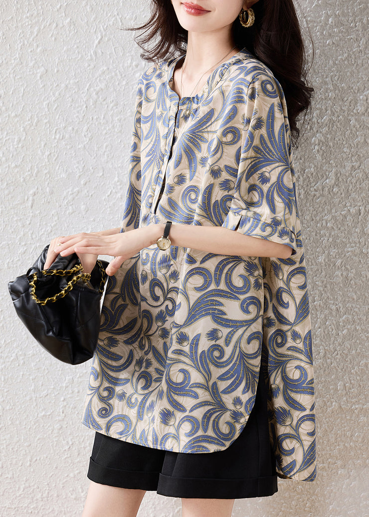 Casual Khaki Oversized Print Cotton Blouses Summer