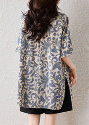 Casual Khaki Oversized Print Cotton Blouses Summer
