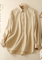 Casual Khaki Oversized With Pocket Cotton Shirts Spring