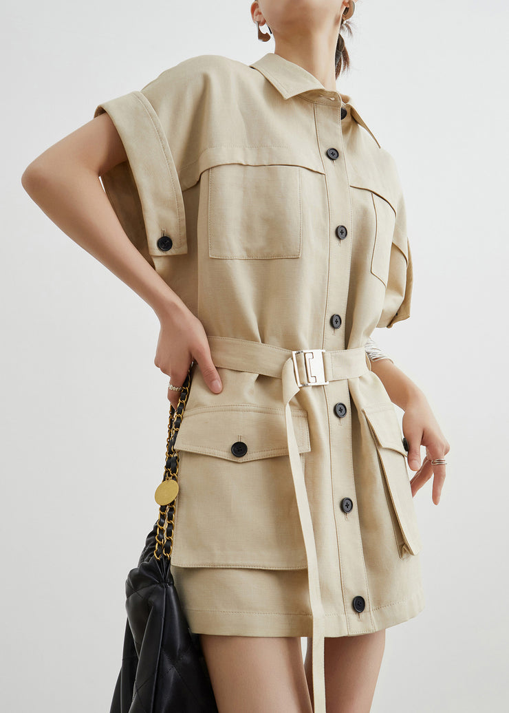 Casual Khaki Peter Pan Collar Pockets Sashes Cotton T Shirts Dresses Summer