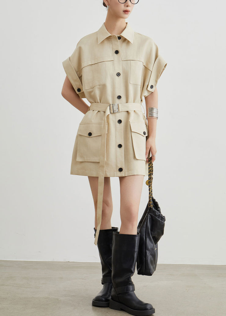 Casual Khaki Peter Pan Collar Pockets Sashes Cotton T Shirts Dresses Summer