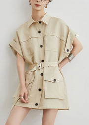Casual Khaki Peter Pan Collar Pockets Sashes Cotton T Shirts Dresses Summer