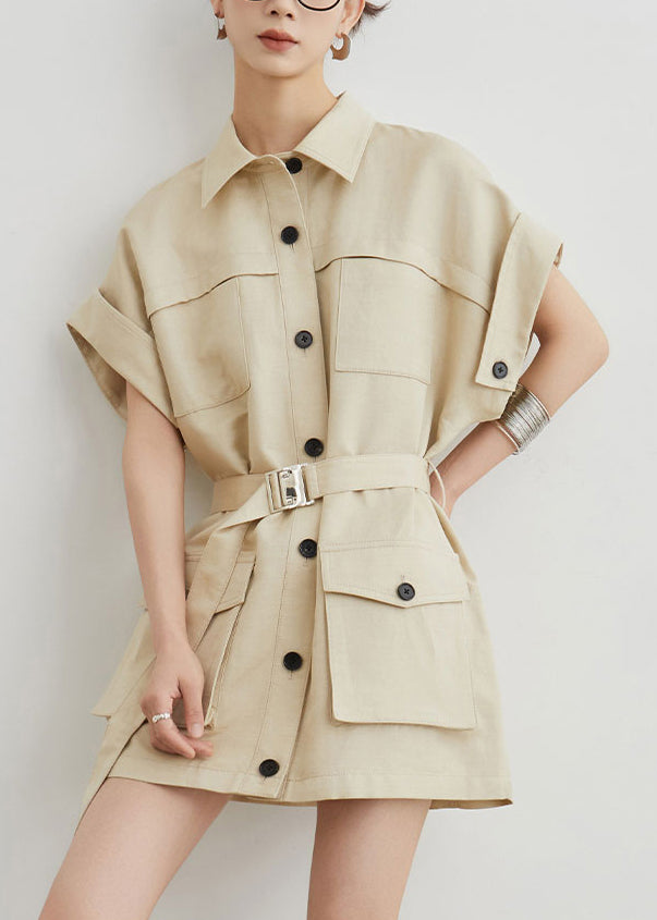 Casual Khaki Peter Pan Collar Pockets Sashes Cotton T Shirts Dresses Summer