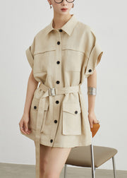 Casual Khaki Peter Pan Collar Pockets Sashes Cotton T Shirts Dresses Summer