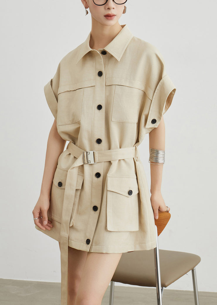 Casual Khaki Peter Pan Collar Pockets Sashes Cotton T Shirts Dresses Summer