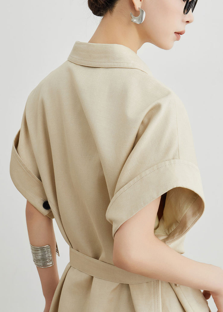 Casual Khaki Peter Pan Collar Pockets Sashes Cotton T Shirts Dresses Summer