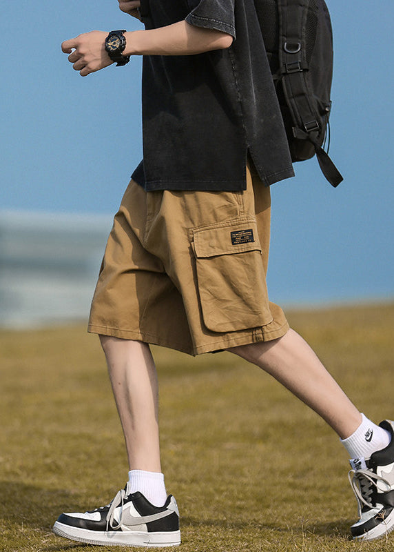 Casual Khaki Pockets Elastic Waist Cotton Mens Shorts Summer