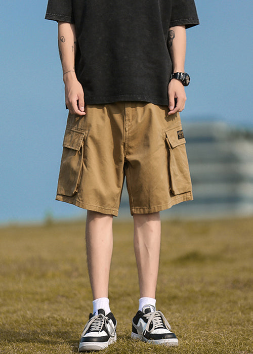 Casual Khaki Pockets Elastic Waist Cotton Mens Shorts Summer