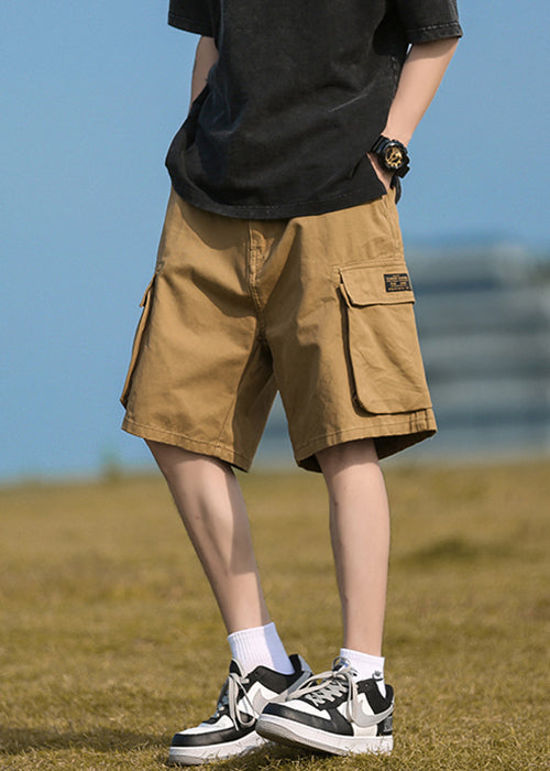 Casual Khaki Pockets Elastic Waist Cotton Mens Shorts Summer