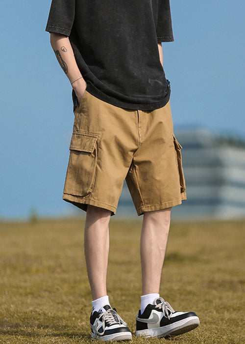 Casual Khaki Pockets Elastic Waist Cotton Mens Shorts Summer