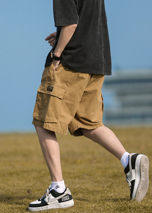 Casual Khaki Pockets Elastic Waist Cotton Mens Shorts Summer