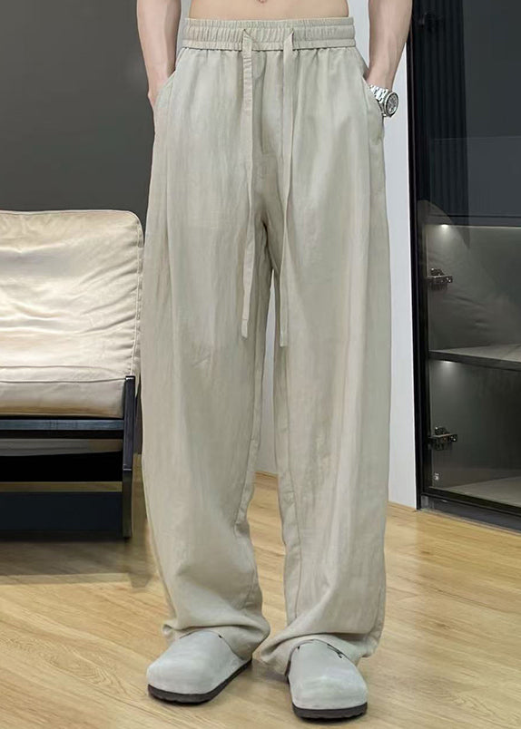 Casual Khaki Pockets Elastic Waist Thin Linen Pants Men Summer