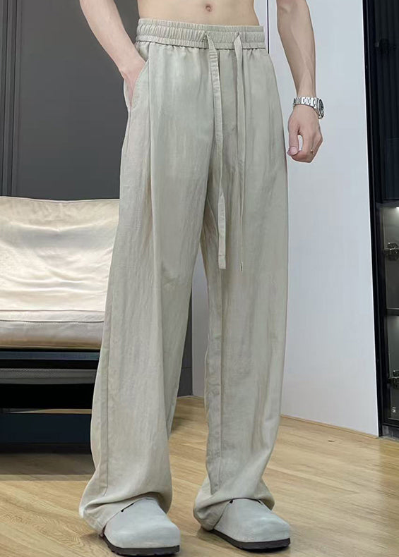 Casual Khaki Pockets Elastic Waist Thin Linen Pants Men Summer