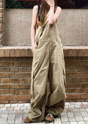 Casual Khaki Pockets High Waist Cotton Jumpsuits Sleeveless