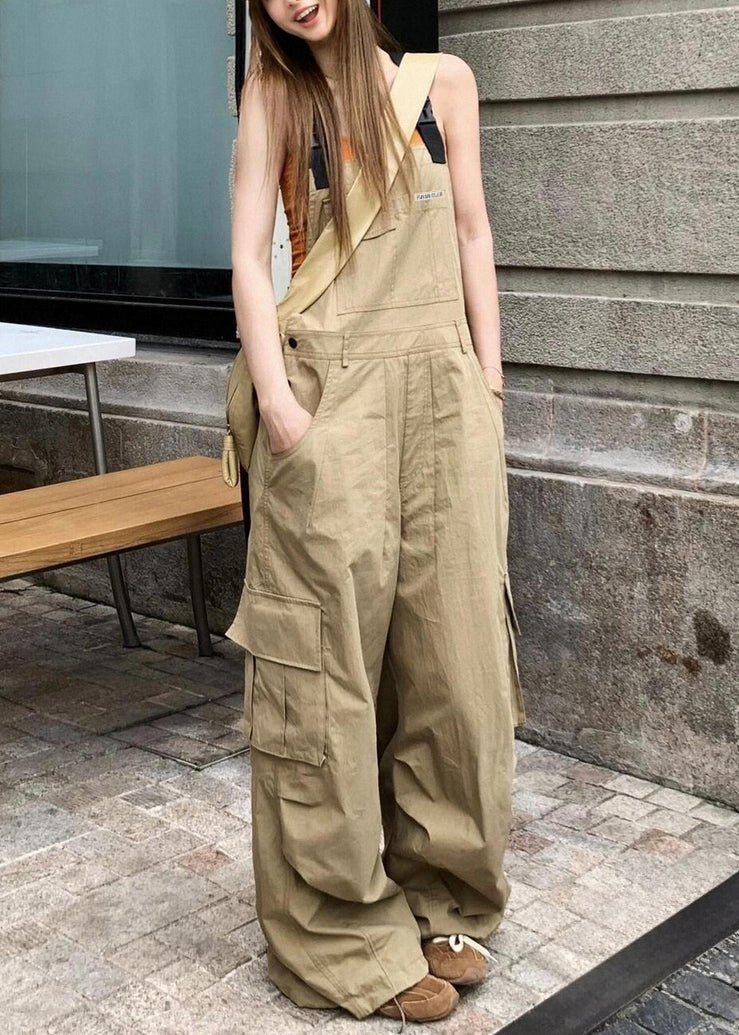 Casual Khaki Pockets High Waist Cotton Jumpsuits Sleeveless