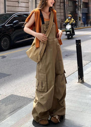 Casual Khaki Pockets High Waist Cotton Jumpsuits Sleeveless