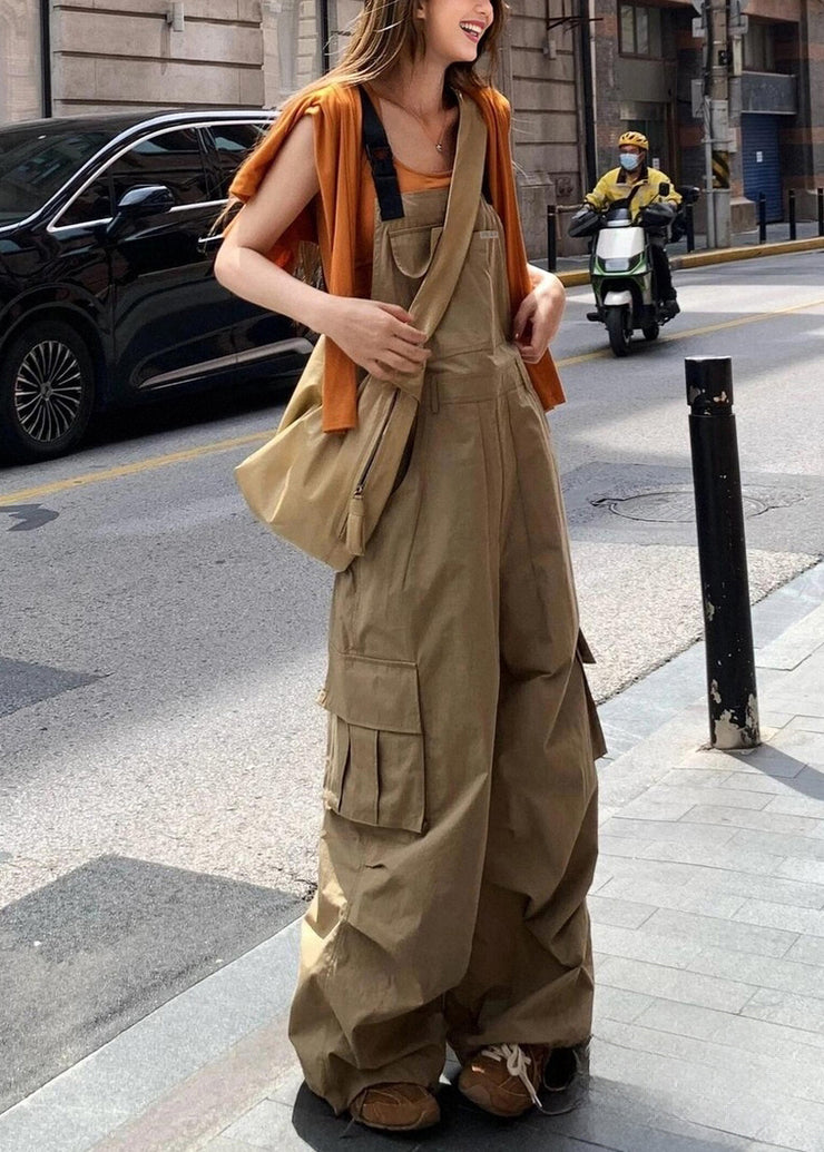 Casual Khaki Pockets High Waist Cotton Jumpsuits Sleeveless
