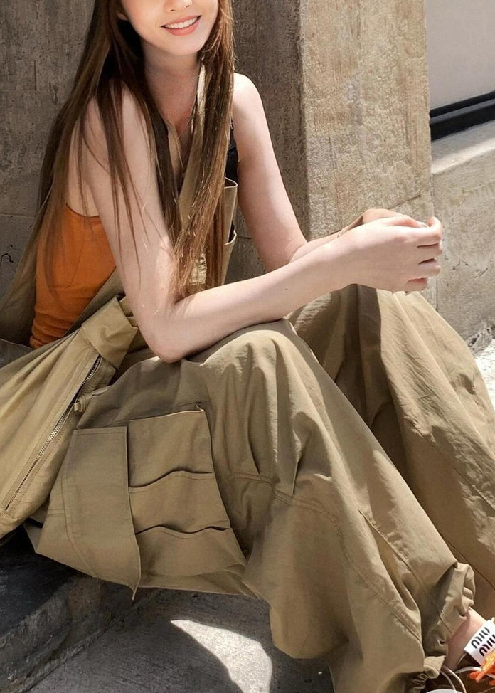 Casual Khaki Pockets High Waist Cotton Jumpsuits Sleeveless
