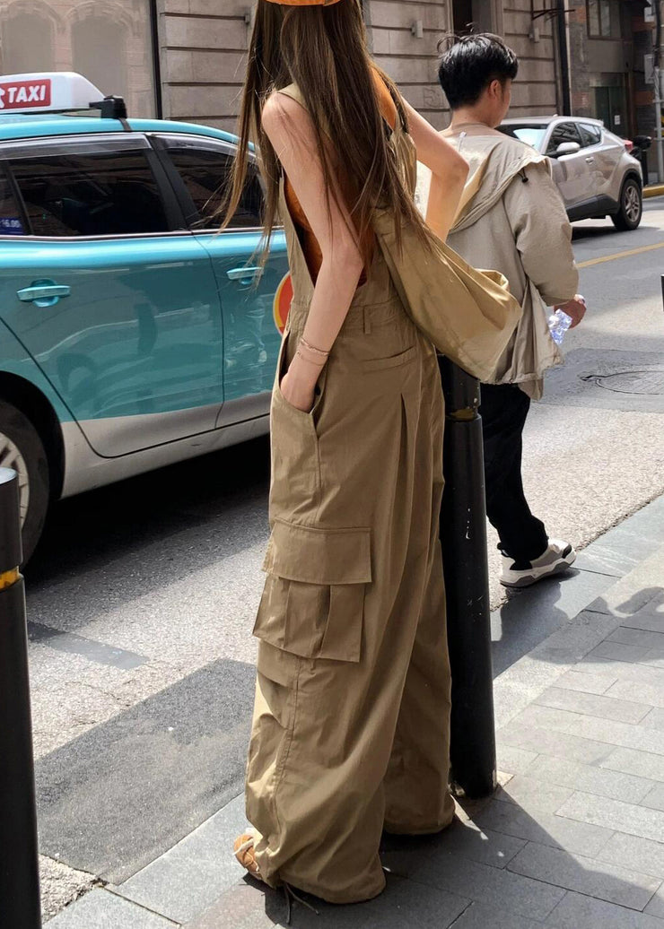 Casual Khaki Pockets High Waist Cotton Jumpsuits Sleeveless