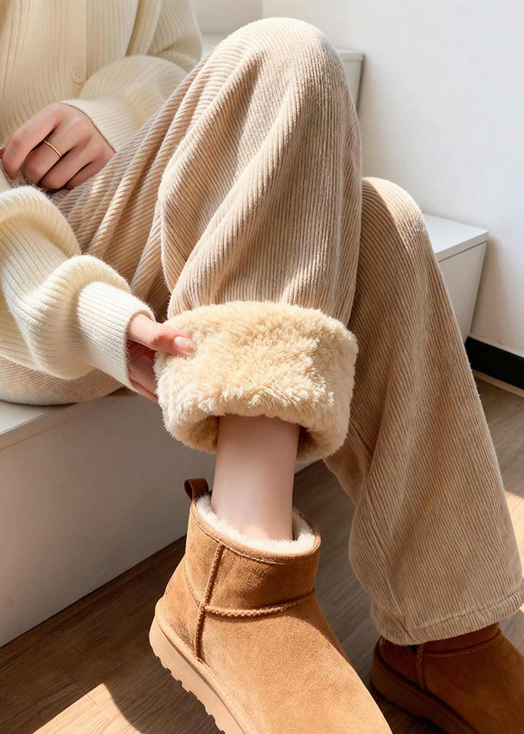 Casual Khaki Pockets Patchwork Corduroy Fleece Pants Winter