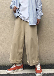 Casual Khaki Pockets Solid Cotton Men Wide Leg Pants Fall