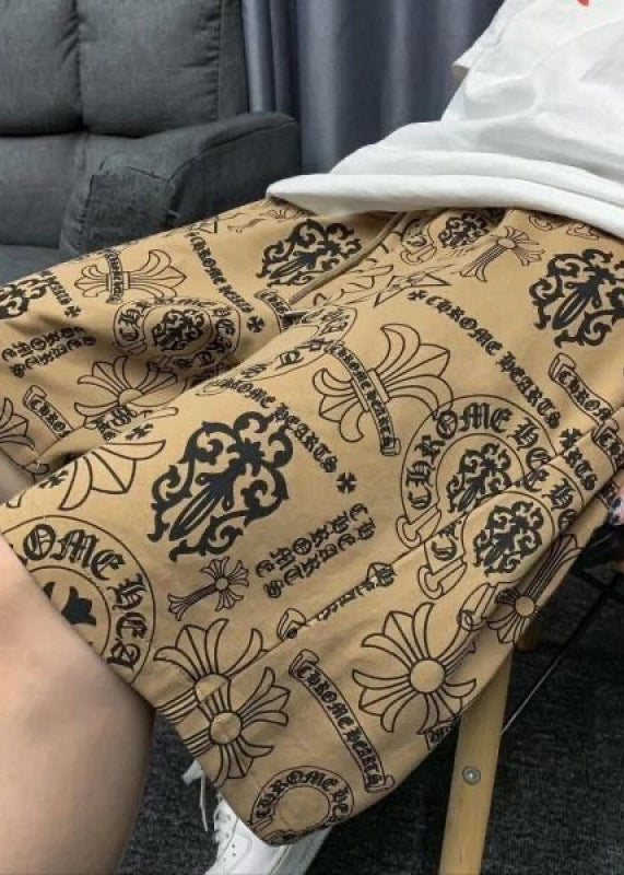 Casual Khaki Print Elastic Waist Cotton Mens Shorts Summer