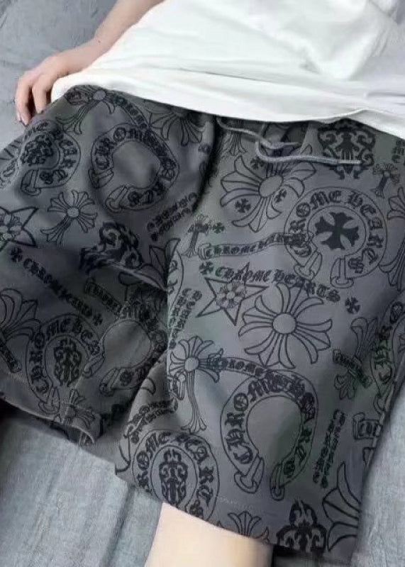 Casual Khaki Print Elastic Waist Cotton Mens Shorts Summer