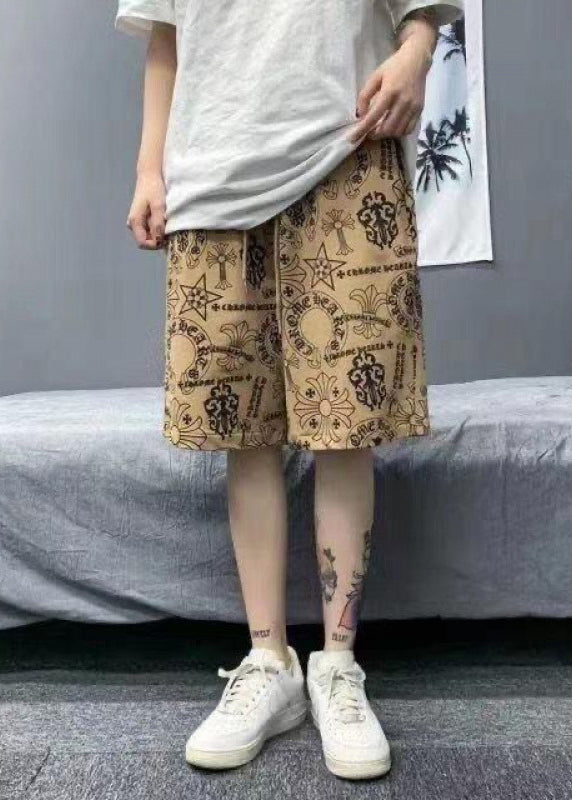 Casual Khaki Print Elastic Waist Cotton Mens Shorts Summer