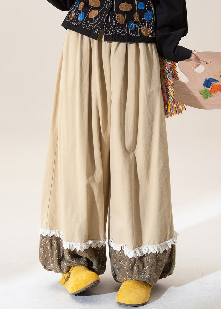 Casual Khaki Print Patchwork Elastic Waist Cotton Pants Fall