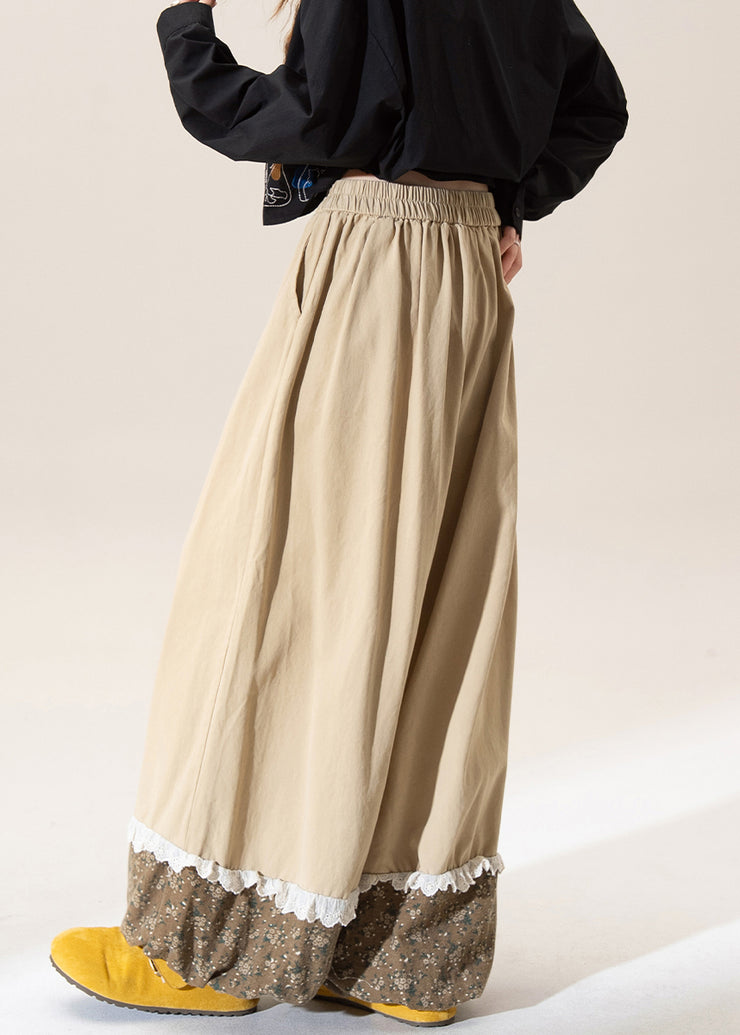 Casual Khaki Print Patchwork Elastic Waist Cotton Pants Fall