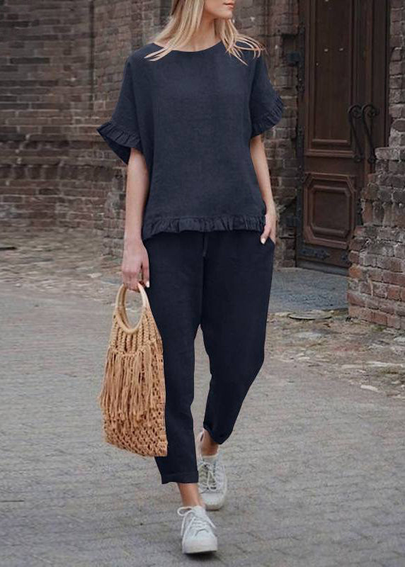 Casual Khaki Ruffled Patchwork Top And Crop Pants Two Pieces Set Short Sleeve