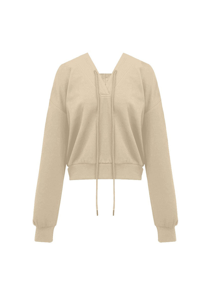 Casual Khaki Tie Lace Drawstring Solid Hooded Sweatshirts Fall