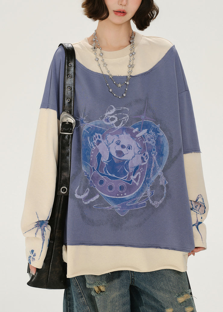 Casual Lavender Oversized Patchwork Cotton Sweatshirt Streetwear Spring