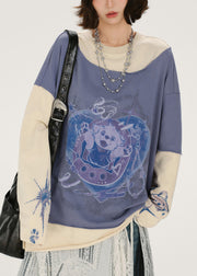 Casual Lavender Oversized Patchwork Cotton Sweatshirt Streetwear Spring