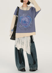 Casual Lavender Oversized Patchwork Cotton Sweatshirt Streetwear Spring