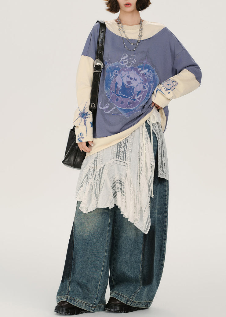 Casual Lavender Oversized Patchwork Cotton Sweatshirt Streetwear Spring