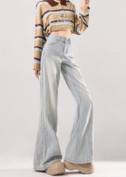 Casual Light Blue Jacquard Striped Denim Flare Bottoms Fall