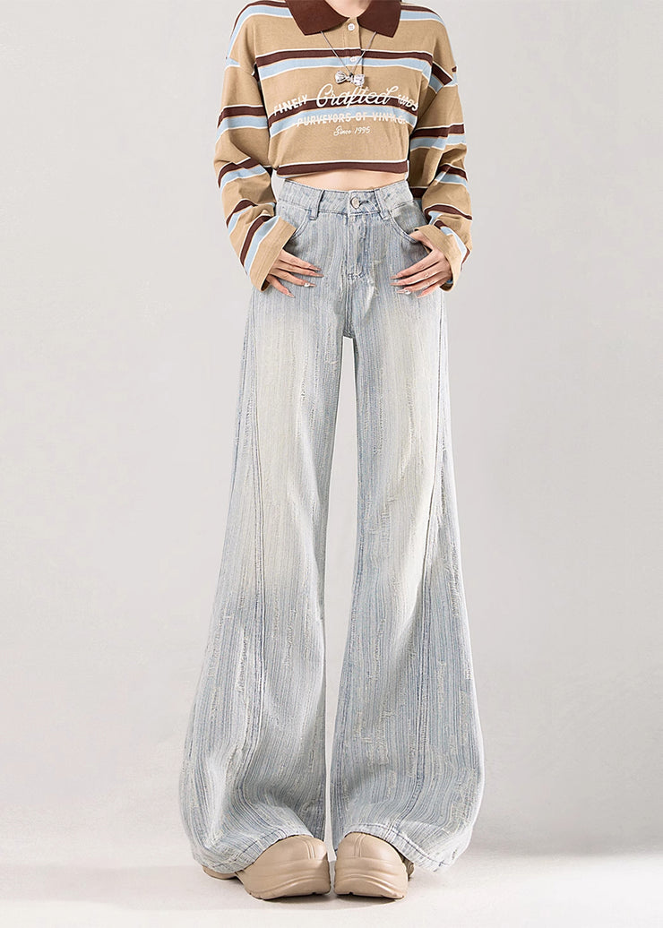 Casual Light Blue Jacquard Striped Denim Flare Bottoms Fall